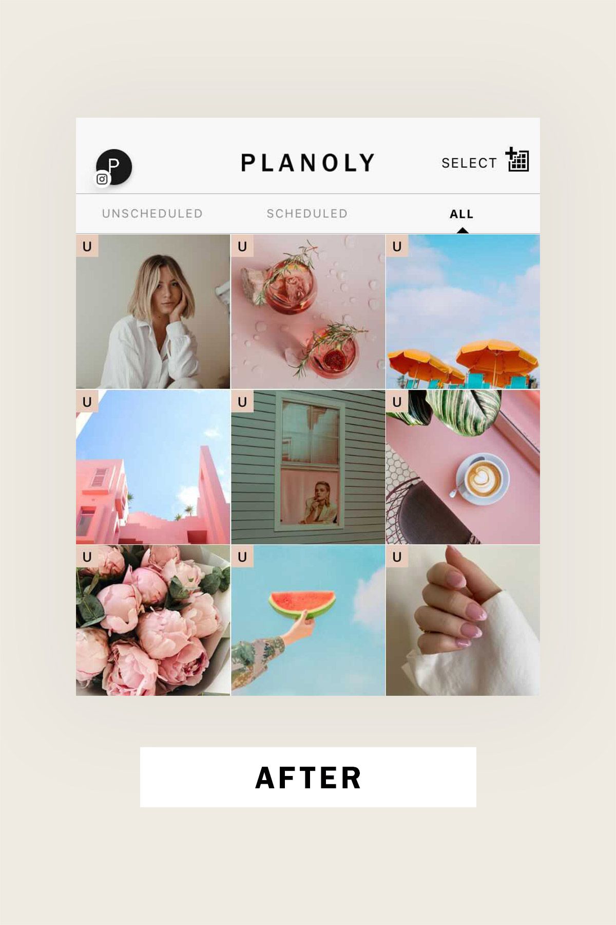 Tampilan aplikasi feed Instagram: Planoly