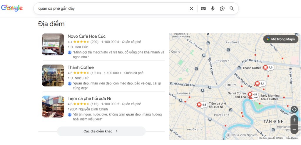 Ví dụ danh sách địa điểm hiển thị trên Google Maps
