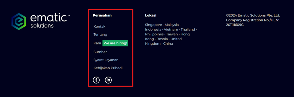 footer links website ematic solutions