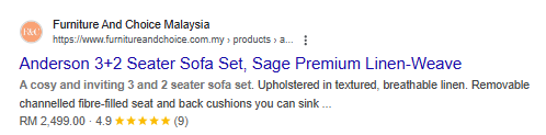 The star reviews of online furniture store in Malaysia displayed in search results after implementing aggregate ratings in the product schema