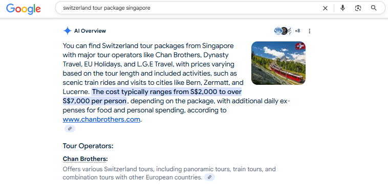 AI Overview for "Switzerland Tour Package Singapore" for Chan Brothers Travel, one of travel agency in Singapore that offer few holiday packages